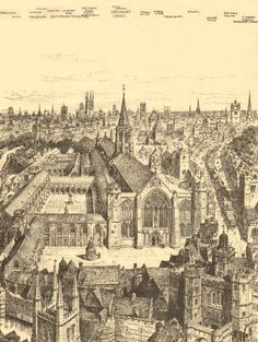 an old drawing of a cityscape with buildings in the foreground and tall spires