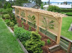 a wooden fence in the middle of a yard with plants growing on top of it