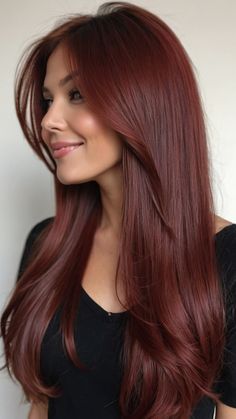 Achieve a stunning cherry cola hair color that complements all skin tones Whether you're a dark brunette curly-haired beauty or looking for highlights this formula is perfect Featuring balayage for a natural look on pale or chocolate skin short or long hair black or Indian skin tones Elevate your hair game with this rich and trendy color choice Red Hair On Tanned Skin, Chocolate Red Balayage, Redish Brown Hair Color For Summer, Cherry Cola Brunette Hair, Cherry Cola Hair Color Balayage, Cherry Chocolate Hair Color Brunettes, Red Hair Colour For Indian Skin, Solid Hair Color Ideas For Brunettes, Brown Skin Red Hair