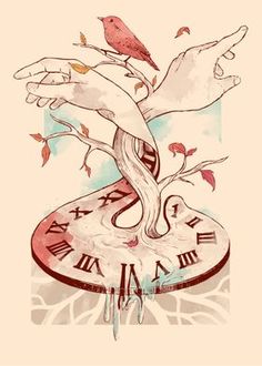 a drawing of a bird sitting on top of a clock with hands reaching for it