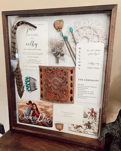 a wooden frame with various items in it