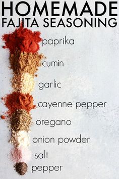 the ingredients to make homemade fajita seasoning on a white background with text overlay