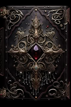 an intricately designed book cover with a red jewel in the center