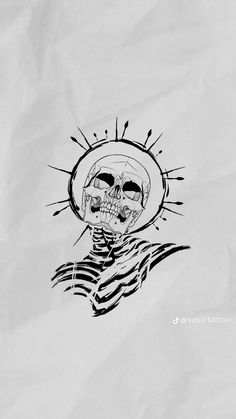 a black and white drawing of a skull wearing a sun hat on top of his head