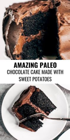 chocolate cake made with sweet potatoes is cut into slices and served on a white plate