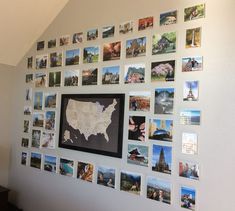 a wall covered in pictures and photos with a black framed map on it's side