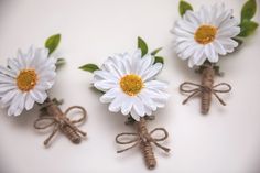 three white daisies tied together with twine and green leaves on the stems, sitting next to each other