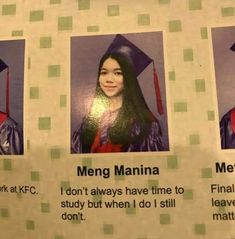 three pictures of the same person in graduation caps and gowns, with words on them