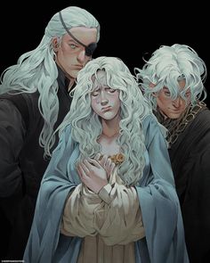 the white haired woman is surrounded by two men