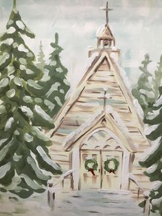 a painting of a church in the snow