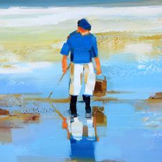 a painting of a man walking on the beach