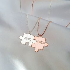 "Couple Necklace Puzzle Piece, Pair Matching Puzzle Couple Set Necklace best gift for couples, anniversary, bff wife, husband. It has matching puzzle style with custom engraved name written on it. * Handmade High quality 925 sterling silver unique handcraft for you * Free gift package * United States & Australia FAST shipping For US:2-4 days For AU:4-9 days CLICK to purchase (add your purchase): https://www.etsy.com/listing/1099341292/us-australia-fast-shipping-with-upsdhl?ref=listings_manager_g Boyfriend Girlfriend Necklaces, Matching Necklaces For Couples, Couples Accessories, Cute Boyfriend Gifts, Bff Necklaces, Couple Necklaces, Bff Gifts, Engraved Necklace, Matching Necklaces