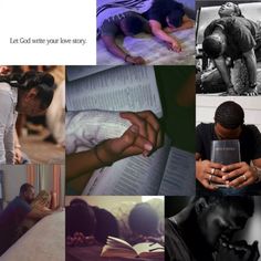 a collage of photos with people reading and praying