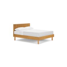 a bed with white sheets and wooden headboard on it's side, against a white background