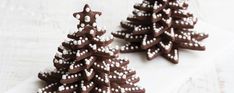 two chocolate christmas trees are on a white plate and one is decorated with white dots