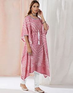 Designer Party Wear Readymade Muslin Kaftan Style Dress Pink Muslin Pant Dress Front View Kaftan With Dupatta, Lehriya Dress, Muslin Kaftan, Latest Kaftan Designs, Kaftan Suit, Mirror Work Fabric, Tailoring Ideas, Kaftan Kurti, Salwar Design