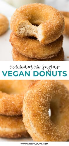 there are several sugary donuts stacked on top of each other with the words vegan donuts below them