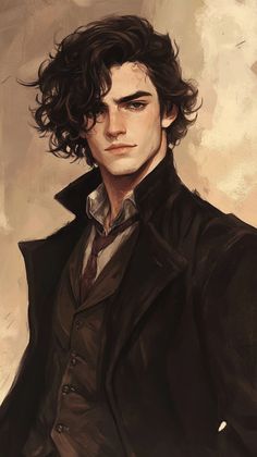 a painting of a man in a suit and tie with long curly hair wearing a black coat