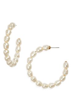 Add a lilt of luster to your look with delicate hoop earrings set with imitation pearls. 2 3/8" diameter Surgical steel post 14k-gold plate/steel/acrylic imitation pearl Imported Hypoallergenic Dangle Hoop Earrings With Pearl, Chic Pearl Chain Hoop Earrings, Luxury Pearl Hoop Earrings, Luxury White Pearl Drop Hoop Earrings, Luxury Pearl Dangle Hoop Earrings, Lele Sadoughi, Chain Loop, Loop Earrings, Hoop Earring Sets