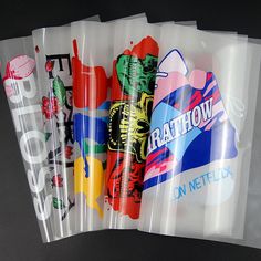 plastic bags with different types of stickers on them