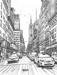 a black and white drawing of cars on a city street with tall buildings in the background