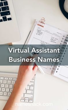 a person is typing on a computer with the words virtual assistant business names