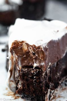 a piece of chocolate cake with white frosting