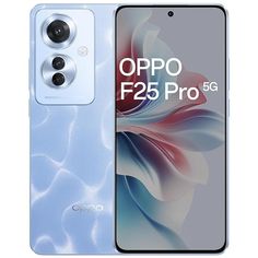 the oppo f25 pro smartphone is shown in light blue and has two cameras