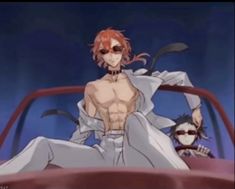 an anime character sitting in the back of a car with his hands on his hips