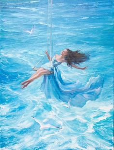 a painting of a girl on a rope in the ocean with seagulls flying around