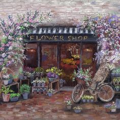 a painting of a flower shop with bicycles parked outside