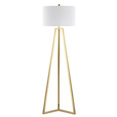 a floor lamp with a white shade on the top and a gold metal frame base