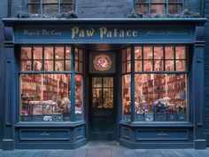 the front entrance to a pet shop with many windows and lights on it's sides