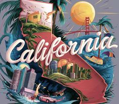 an illustrated map of california with the golden gate bridge in the background