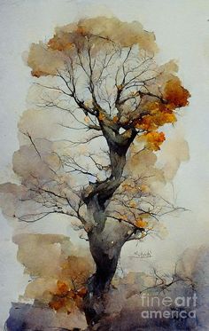 a watercolor painting of a tree in autumn