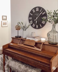 Piano decor, large clock, modern farmhouse decor Above The Piano Decor, Decor On Top Of Piano, Old Piano Decor, Lamp On Piano, Top Of Piano Decor Farmhouse, Piano Styling Ideas, Farmhouse Piano Decor, Over Piano Wall Decor, Piano Styling Upright