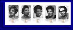 five black and white portraits of people with candles in front of them, all looking at the same person's face