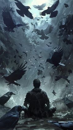 a man sitting in the middle of a forest with crows flying around him and looking up into the sky