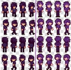 an image of some pixel style characters in different poses, including one with purple hair and the