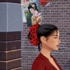 a digital painting of a woman wearing a red dress with a frilly in her hair