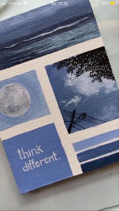 an image of a painting with the words think different written on it, along with images of trees and water