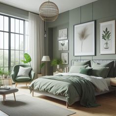 a bed room with a neatly made bed and two green chairs next to a large window