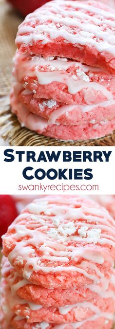 strawberry cookies with white icing on top are stacked up and ready to be eaten