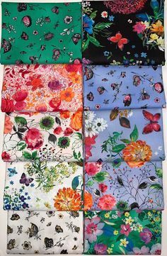 six different colors of fabric with flowers and butterflies on them, all in various sizes