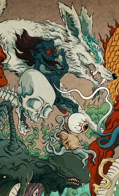 an artistic painting with skulls and dragon heads