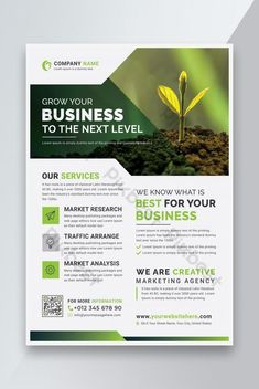 a green and white business flyer template with an image of a plant in the middle