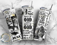 three stainless steel tumblers with the names of jesus and two hands on them, one is