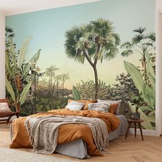 a bedroom with a large mural on the wall