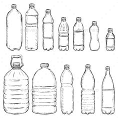 a line drawing of different types of water bottles stock photo - image 519874