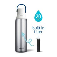 thermos water bottle with handle is shown in front of an advertisement for built in filter